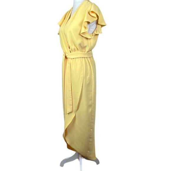 Amanda Uprichard Martinique Dress Yellow Crepe Wrap Look Flutter Sleeve Size S - Picture 5 of 14